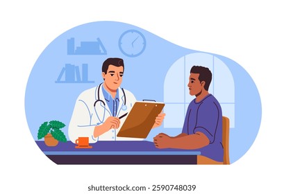 Doctor discussing with patient in clinic, flat style, on blue background. Concept of medical consultation. Vector illustration