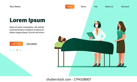 Doctor with disease history near patient bed. Hospital, analysis, guest flat vector illustration. Medicine and healthcare concept for banner, website design or landing web page
