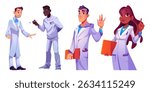 Doctor diverse character set in medical white coats. Professional healthcare workers - cartoon hospital and clinic African specialist with clipboard, practitioners in lab uniforms.