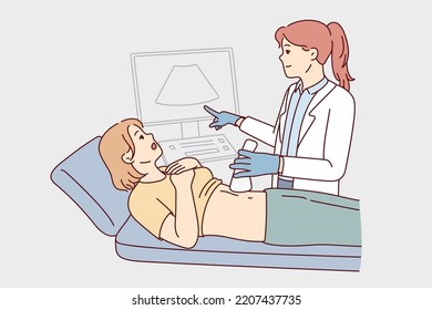 Doctor do belly ultrasound for woman lying on bed in hospital or clinic. Gynecologist or GP scan female patient abdomen. Healthcare and medicine. Vector illustration. 