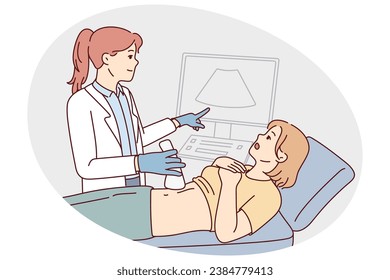 Doctor do belly ultrasound for woman lying on bed in hospital or clinic. Gynecologist or GP scan female patient abdomen. Healthcare and medicine. Vector illustration.