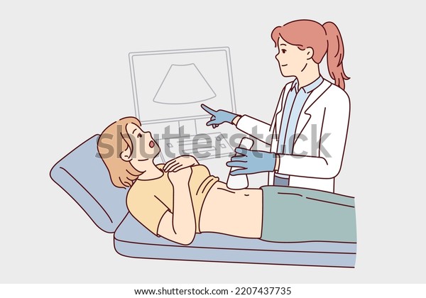 Doctor do belly\
ultrasound for woman lying on bed in hospital or clinic.\
Gynecologist or GP scan female patient abdomen. Healthcare and\
medicine. Vector illustration.\
