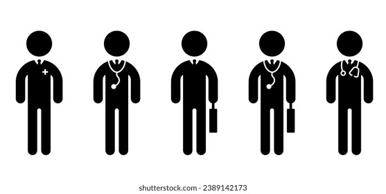 Doctor with doctor's bag. Stickman or stick figures man. Vector medical communication sign. Doctor icon. Doctor Nurses. Physician Person with Stethoscope. Medical logo. ambulance, hospital person.