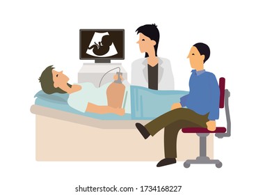 Doctor does an Ultrasound procedure to a Pregnant Woman with her husband in the Hospital. Transducer on the Belly of the young Mother. Vector illustration