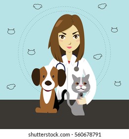 A doctor with dog and cat. Veterinarian