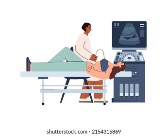 Doctor doing abdominal or pregnancy ultrasound sonogram health diagnostic for woman patient, cartoon flat vector illustration isolated on white background.