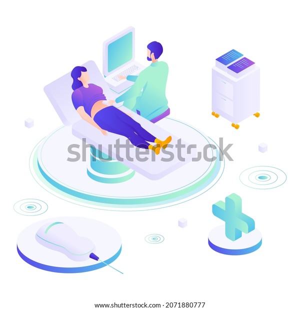 Doctor doing abdominal ultrasound scan\
to female patient lying on medical bed, flat vector isometric\
illustration. Ultrasound diagnostics, medical\
equipment.