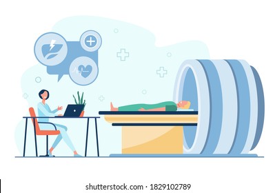 Doctor doing brain scan on MRI machine for patient flat vector illustration. Cartoon person in computer tomography machine. Radiology and hospital equipment concept