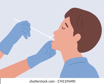 El médico realiza la prueba de Covid-19 o la prueba de ADN con Man mediante sonda nasal de algodón insertando una torunda algodón larga en la boca y en la lengua. Diagrama médico sobre la comprobación de virus.