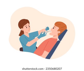 Doctor haciendo anestesia local pinche en la boca. Paciente de tratamiento dental en silla. Estomatología, cuidado de los dientes, concepto plano de dibujos animados. Ilustración de dibujos animados aislados en fondo blanco