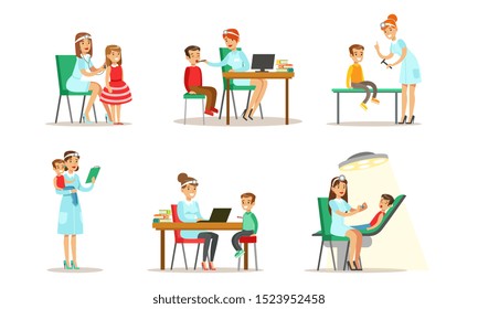 Doctor Doing Medical Examination Of Kids Set, Boys And Girls Examining At Pediatrician, Dentist, Neurologist Vector Illustration