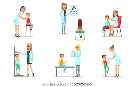 Doctor Doing Medical Examination and Vaccination of Kids Set, Boys and Girls Examining at Pediatrician, Ophthalmologist, Otolaryngologist Vector Illustration