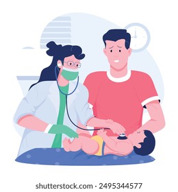 Doctor haciendo chequeo de recién nacido, ilustración de estilo plano 