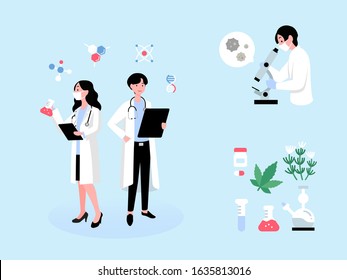 The doctor doing research data. Scientists do research and experiment at medical laboratories with special equipment and herbs.