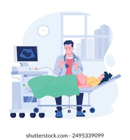 Doctor doing ultrasound examination of pregnant woman, flat illustration 