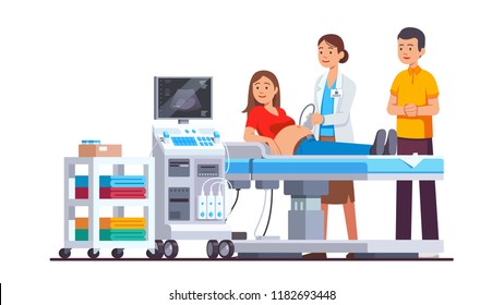 Doctor doing ultrasound fetus screening checkup in clinic office. Pregnant woman & husband couple visiting hospital doing baby belly sonography scan looking at machine screen. Flat vector illustration