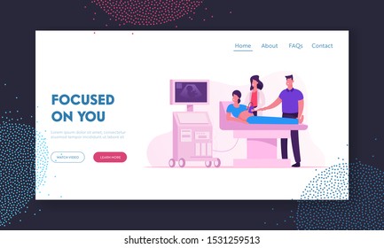 Doctor Doing Ultrasound Fetus Screening Checkup in Clinic Website Landing Page. Pregnant Woman and Husband Visit Hospital Baby Belly Sonography Scan Web Page Banner. Cartoon Flat Vector Illustration