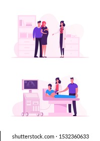 Doctor Doing Ultrasound Fetus Screening Checkup in Clinic. Pregnant Woman and Husband Couple Visit Hospital Doing Baby Belly Sonography Scan Looking at Machine Screen. Cartoon Flat Vector Illustration