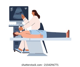 Doctor doing ultrasound to male patient flay style, vector illustration isolated on white background. Research for diagnosis, modern medicine, characters look at screen