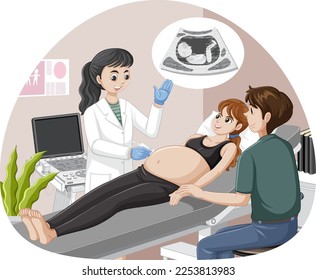 Doctor doing ultrasound scan for pregnant woman illustration