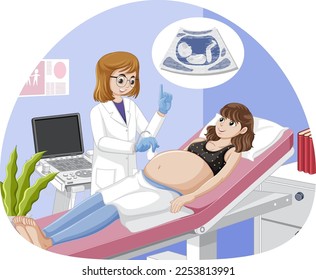 Doctor doing ultrasound scan for pregnant woman illustration