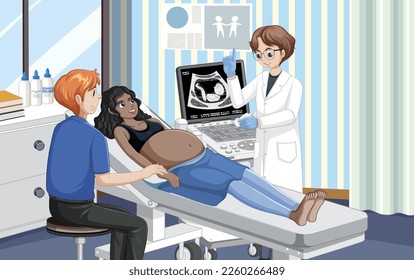 Doctor doing ultrasound scan for pregnant woman in hospital illustration