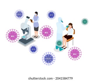 Doctor doing vaccination and research to protect human from various coronavirus variant mutation. isometric vector concept