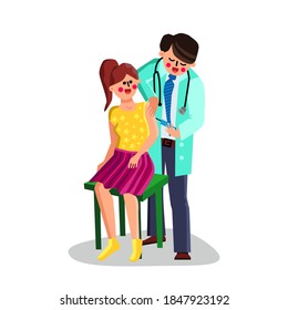 Doctor Doing Vaccine Syringe To Patient Vector. Nurse Man Make Vaccine Young Woman In Hospital Cabinet. Characters Medical Treatment Vaccination Injection, Health Care Flat Cartoon Illustration