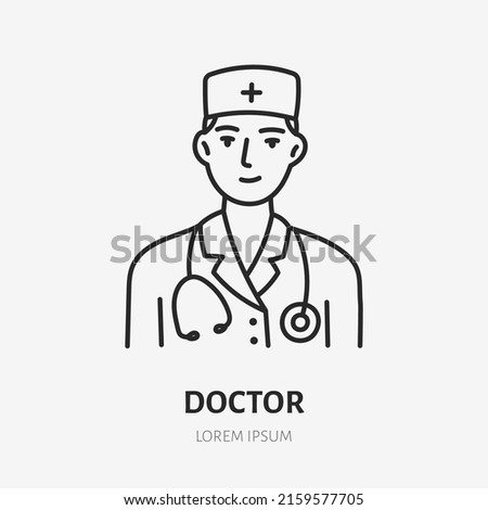 Doctor doodle line icon. Vector thin outline illustration of medic with stethoscope. Black color linear sign for hospital professional
