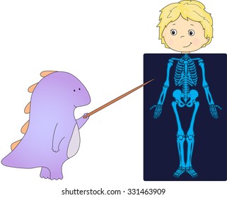 Doctor dragon and patient whose body is shown in the X-ray. Vector illustration for kids about anatomy and structure of the human skeleton