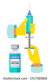 Doctor draws a coronavirus vaccine from a bottle into a syringe. Vaccination to protect people from the coronavirus pandemic. Global immunization.