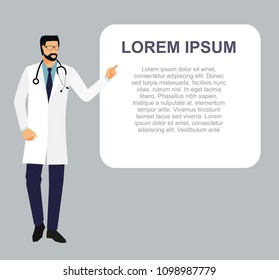 doctor in a dressing gown with a stethoscope.doctor in a white coat shows his finger on a blank sheet. doctor and place for your text