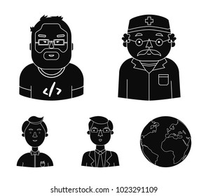 Doctor in a dressing-gown with a red cross on his head, a hacker with a beard in a T-shirt and glasses, a businessman in a tie, a waiter in a gastronome, a butterfly. People of different professions