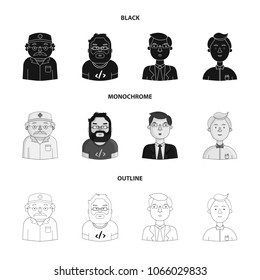 Doctor in a dressing-gown with a red cross on his head, a hacker with a beard in a T-shirt and glasses, a businessman in a tie, a waiter in a gastronome, a butterfly. People of different professions