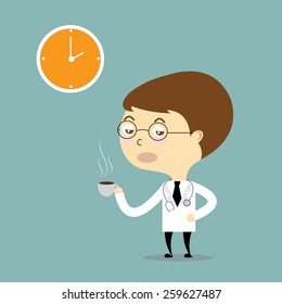 doctor drink hot coffee with clock vector