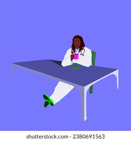 doctor bebiendo café en la mesa ilustración de la cubierta blanca diversidad de color azul verde
