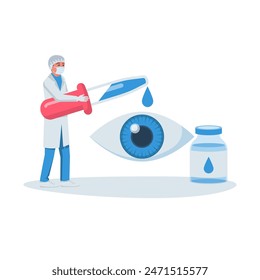 The doctor drops medicine into the eye with a pipette. Pipette in hand. Eye treatment. Drop of medicine. Vector illustration flat design. Isolated on white background.