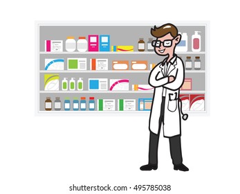 Doctor and drug shelf cartoon drawing