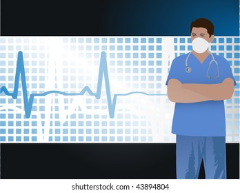 Doctor with EKG and grid- easily editable, no masks, no meshes, fully layered