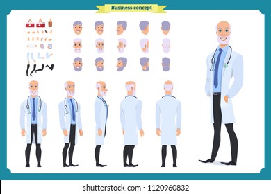 Doctor Elderly man character constructor for animation. Set of various old men's poses, faces, mouth, hands, legs. Flat style vector illustration isolated on white background. male dentist
