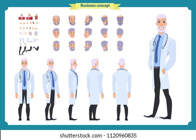 Doctor Elderly man character constructor for animation. Set of various old men's poses, faces, mouth, hands, legs. Flat style vector illustration isolated on white background. male dentist
