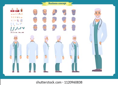 Doctor Elderly man character constructor for animation. Set of various old men's poses, faces, mouth, hands, legs. Flat style vector illustration isolated on white background. male dentist
