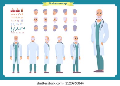 Doctor Elderly man character constructor for animation. Set of various old men's poses, faces, mouth, hands, legs. Flat style vector illustration isolated on white background. male dentist
