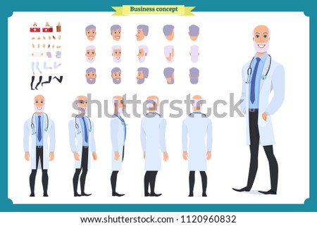 Doctor Elderly man character constructor for animation. Set of various old men's poses, faces, mouth, hands, legs. Flat style vector illustration isolated on white background. male dentist
