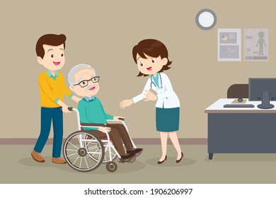 Doctor and elderly man in wheel chair,Doctor Checking Up on His Wheel chaired Patient. Man take grandfather on wheelchair see doctor