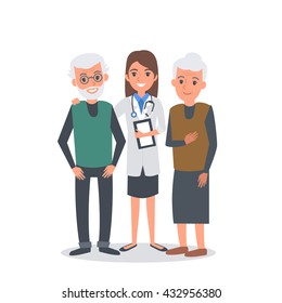 Doctor with elderly patients. Vector concept illustration.