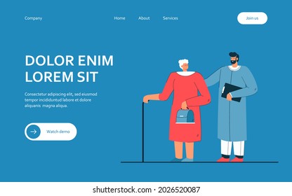 Doctor and elderly woman flat vector illustration. Medicine worker helping woman of age with cane, giving her recommendations, and providing medical treatment. Help, medicine, maturity, care concept