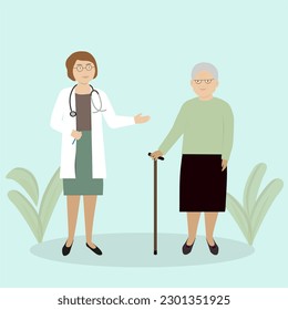 Doctor and elderly woman with wand. Vector