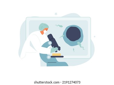 Doctor embryologist reproductologist works with a microscope. In vitro fertilization procedure vector illustration