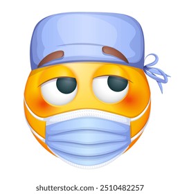 Emoji del doctor en el fondo blanco. Emoticon con mascarilla quirúrgica y gorro médico. Lindo emoticono